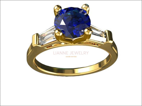 14K Sapphire 3 Stone Engagement Ring Tapered Baguettes Moissanite 2 Tone Vintage Lab Sapphire 7mm Round Extra Fine Royal Blue - Lianne Jewelry