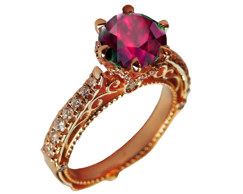 18K Rose Gold Ruby Filigree Vintage style Engagement Ring