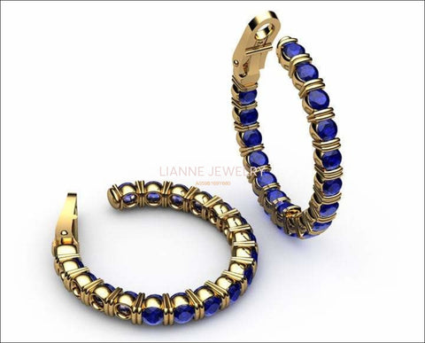 Gold Earrings Huge Hoop Earrings Blue Sapphire 18K Yellow Gold or 18K White Gold 19.50 Grams 1.1/8" Inches Anniversary - Lianne Jewelry