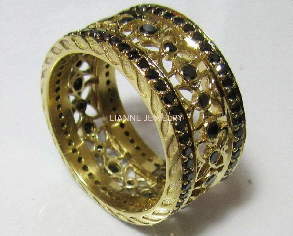 Wide Anniversary Ring Band Milgrain wedding band Wedding Gift, Eternity Ring Wide Ring 124 Black Diamonds 18K Solid gold Anniversary Gift - Lianne Jewelry