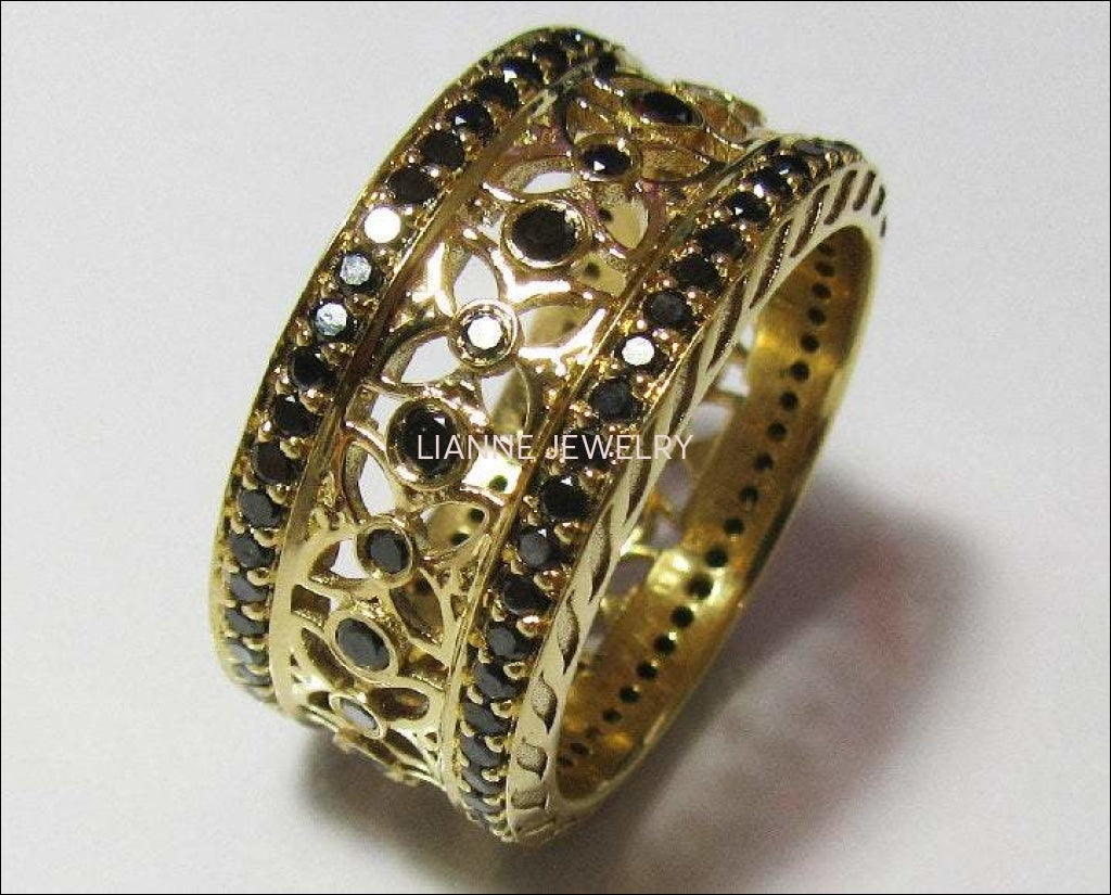 Wide Anniversary Ring Band Milgrain wedding band Wedding Gift, Eternity Ring Wide Ring 124 Black Diamonds 18K Solid gold Anniversary Gift - Lianne Jewelry
