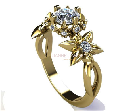 Leaves Engagement Ring Botanical Ring Moissanite Engagement Flower Ring Solid Gold Leaves Ring Art Nouveau unique Ring for Her - Lianne Jewelry