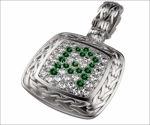 14K Diamond Letter A Emerald Pave-set Cushion Shape Personalized Pendant White gold Anniversary Gift - Lianne Jewelry
