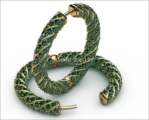 Anniversary earrings 424 Emerald Intertwined Hoop Earrings In 18K Yellow Gold 4.50 carat - Lianne Jewelry
