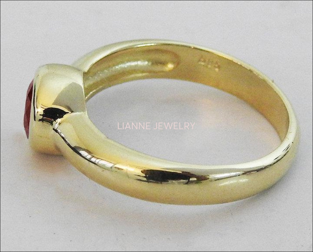 Ruby Ring Halo Ring Solitaire Engagement Ring Bezel set Red Genuine Gemstone in 14K Yellow gold February Birthstone Gift - Lianne Jewelry