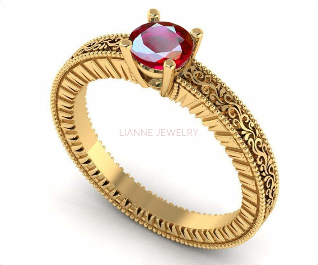 Solitaire Filigree Ruby Ring Unique Ruby Engagement ring Milgrain Ring 18K White Gold Ring - Lianne Jewelry