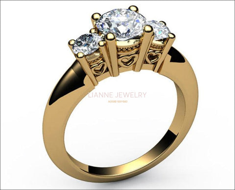 18K Gold 3 stone Engagement Ring, Heart Filigree Gold ring Diamond Engagement Ring, Promise Ring - Lianne Jewelry