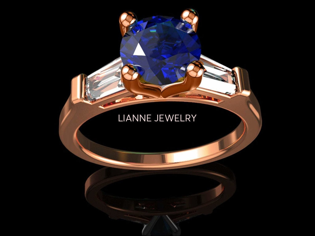 14K Solid White Gold 3 Stone Ring Extra Fine Royal Blue Lab Sapphire Flanked with Moissanite Sparkling Tapered Baguettes - Lianne Jewelry