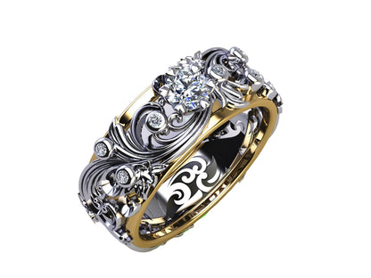 Moissanite Leaf Band 18K Filigree Two Tone Wedding Band