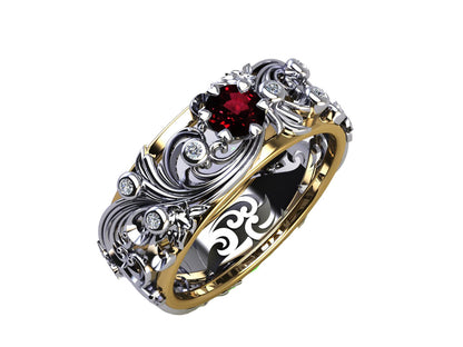 18K Ruby Leaves Ring, Filigree Wedding Band