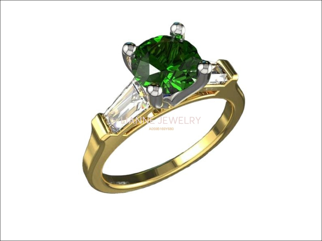 3 Stone Emerald Engagement Ring Tapered Baguettes Moissanite 2 Tone Vintage Lab Emerald Fine deep Green - Lianne Jewelry