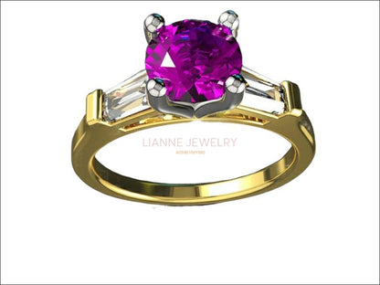 14K Amethyst with Tapered Baguettes Unique Engagement Ring, 3 Stone ring, Purple Ring - Lianne Jewelry