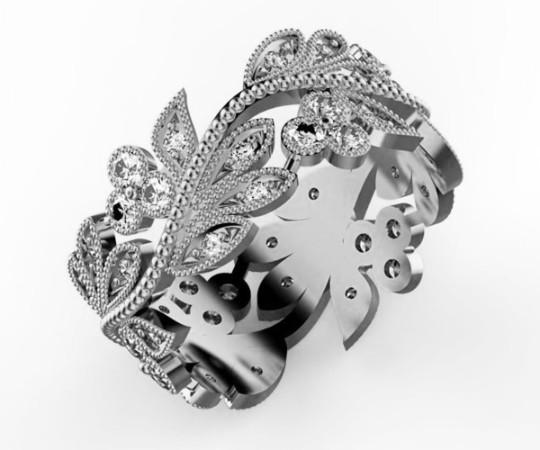 18K White Gold Filigree Band, Diamond Leaves, Anniversary Gift