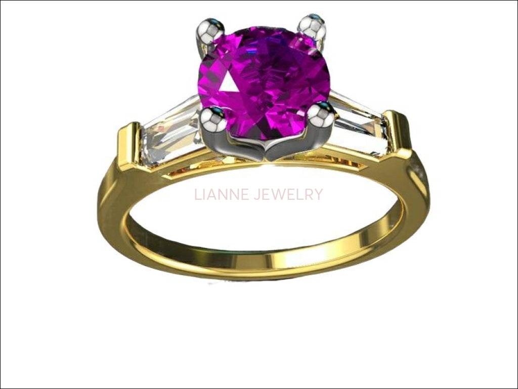 2 Tone 14K Rose gold 3 Stone Ring Lab Sapphire 7mm Round Extra Fine Royal Blue Flanked with Moissanite Tapered Baguettes - Lianne Jewelry