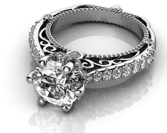 2.5 CT 18K White Gold Cathedral Filigree Diamond Engagement Ring