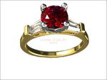 14K Round Ruby with Tapered Baguettes 3 Stone Ring, Unique Engagement Ring, Red Ring, Lab Ruby deep Fine Top Quality Red - Lianne Jewelry