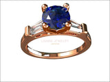 14K Solid Rose Gold 3 Stone Ring Extra Fine Royal Blue Lab Sapphire Flanked with Moissanite Sparkling Tapered Baguettes - Lianne Jewelry