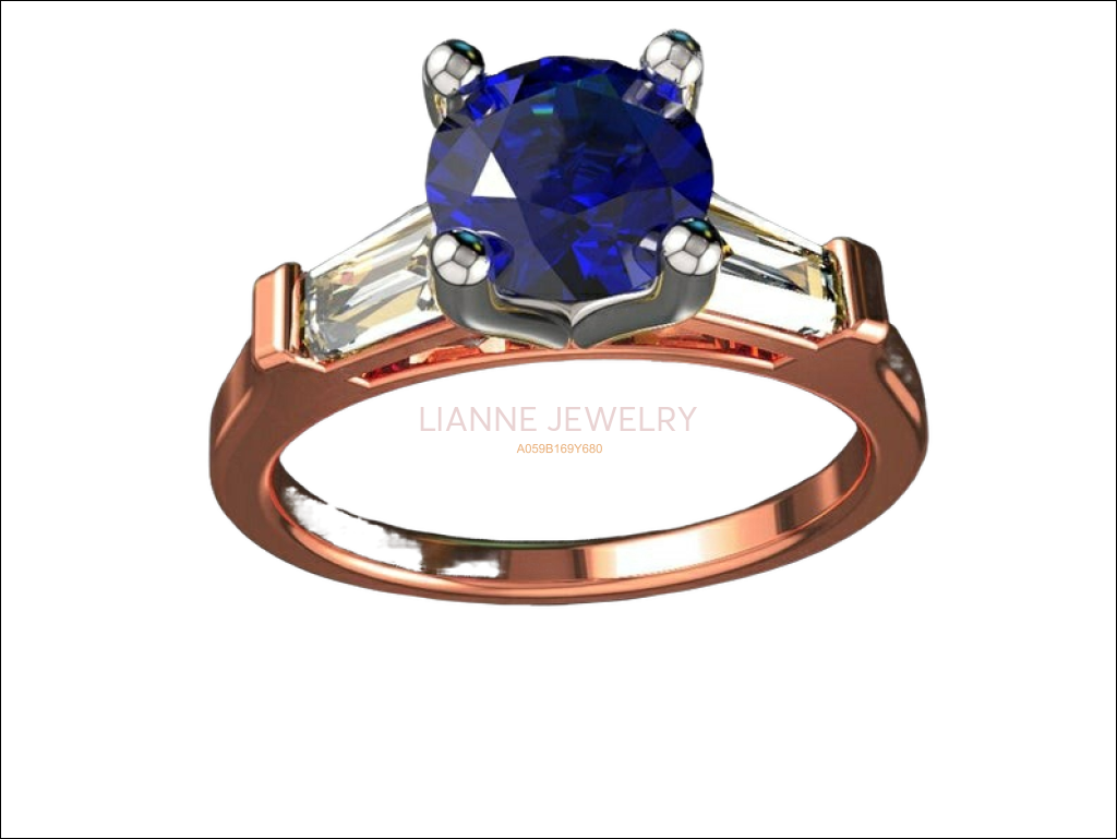 2 Tone 14K Rose gold 3 Stone Ring Lab Sapphire 7mm Round Extra Fine Royal Blue Flanked with Moissanite Tapered Baguettes - Lianne Jewelry