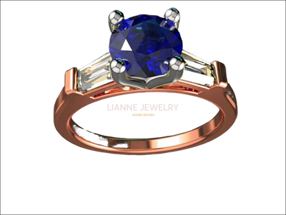 2 Tone 14K Rose gold 3 Stone Ring Lab Sapphire 7mm Round Extra Fine Royal Blue Flanked with Moissanite Tapered Baguettes - Lianne Jewelry