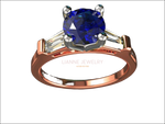 2 Tone 14K Rose gold 3 Stone Ring Lab Sapphire 7mm Round Extra Fine Royal Blue Flanked with Moissanite Tapered Baguettes - Lianne Jewelry
