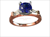 2 Tone 14K Rose gold 3 Stone Ring Lab Sapphire 7mm Round Extra Fine Royal Blue Flanked with Moissanite Tapered Baguettes - Lianne Jewelry