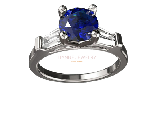 14K Solid White Gold 3 Stone Ring Extra Fine Royal Blue Lab Sapphire Flanked with Moissanite Sparkling Tapered Baguettes - Lianne Jewelry