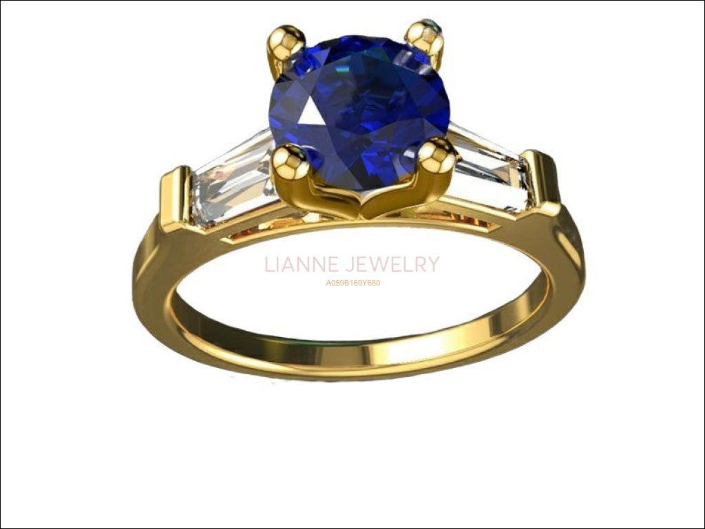 Solid Gold Sapphire Ring 3 Stone Ring Lab Sapphire in Center of 2 Moissanite Sparkling Tapered Baguettes - Lianne Jewelry