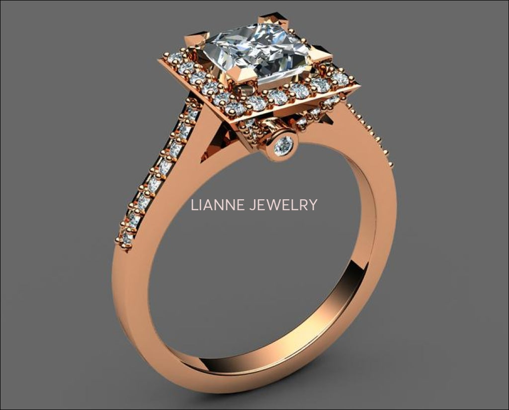 18K Square Ring, Diamond Engagement, White Gold, Gothic Ring - Lianne Jewelry