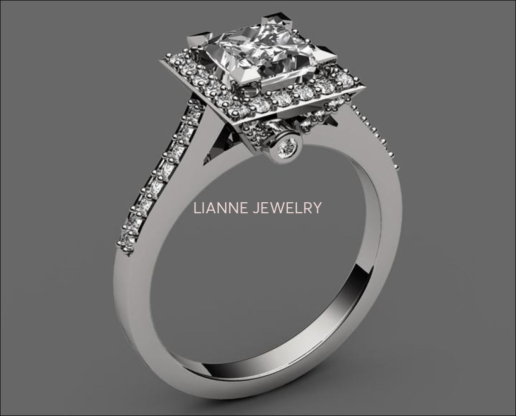 18K Square Ring, Diamond Engagement, White Gold, Gothic Ring - Lianne Jewelry