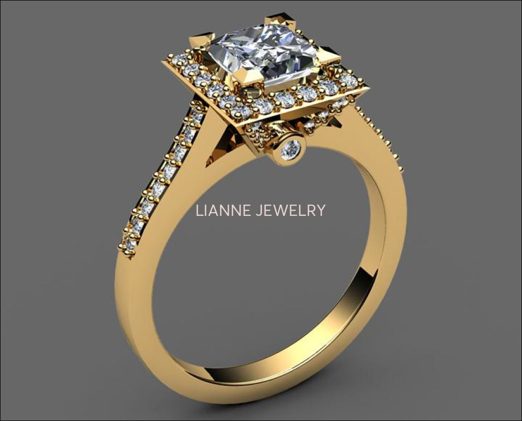 18K Square Ring, Diamond Engagement, White Gold, Gothic Ring - Lianne Jewelry