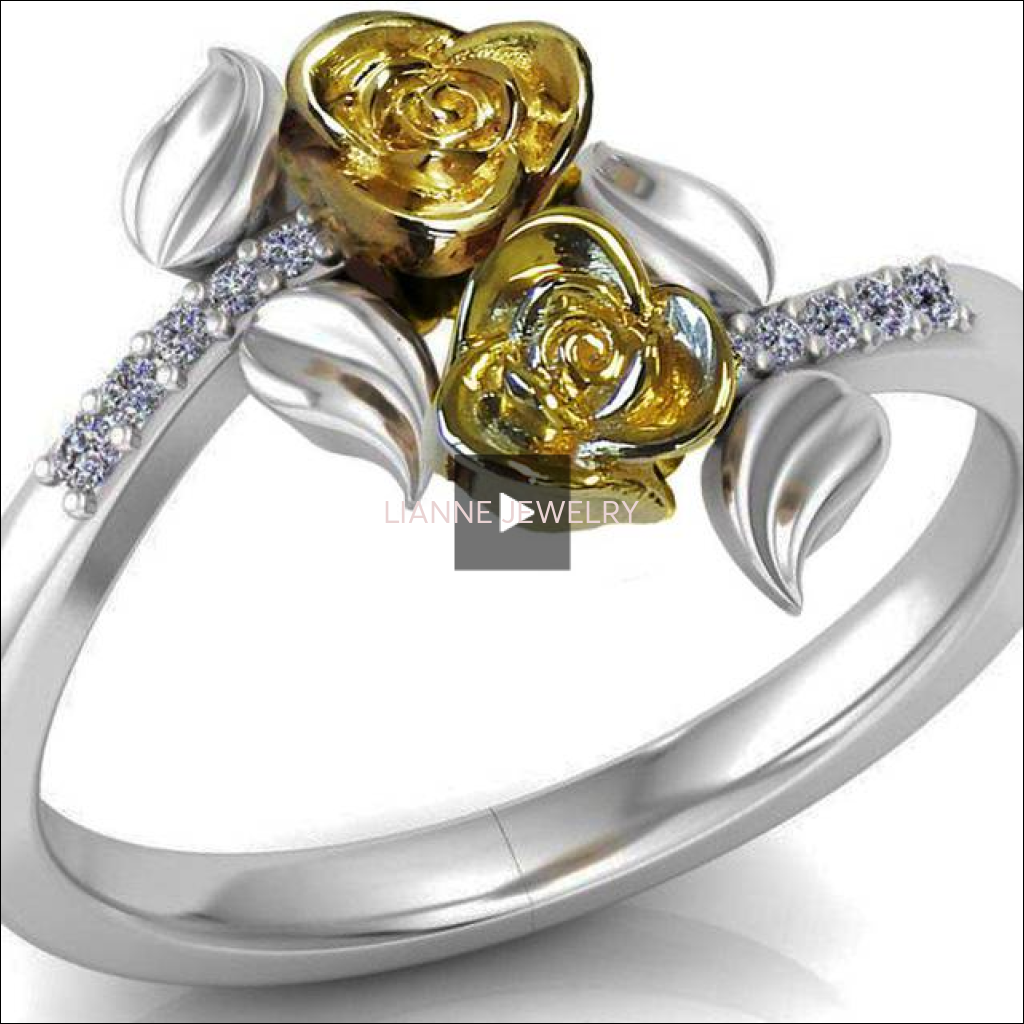 2 Tone Gold 2 Flowers Leaves Ring, Yellow & White Floral Ring, Promise Ring Unique Engagement Ring with Side Diamonds - Lianne Jewelry