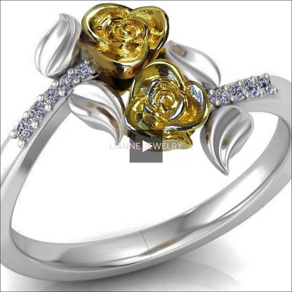 2 Tone Gold 2 Flowers Leaves Ring, Yellow & White Floral Ring, Promise Ring Unique Engagement Ring with Side Diamonds - Lianne Jewelry