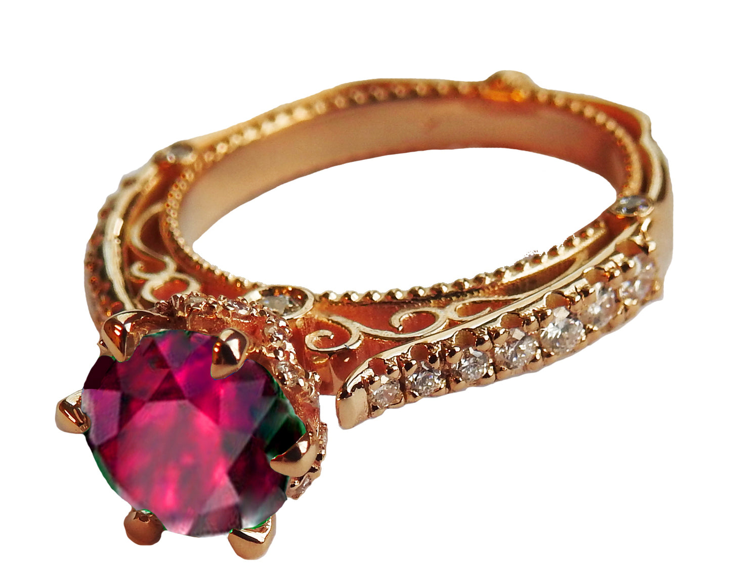 18K Rose Gold Ruby Filigree Vintage style Engagement Ring