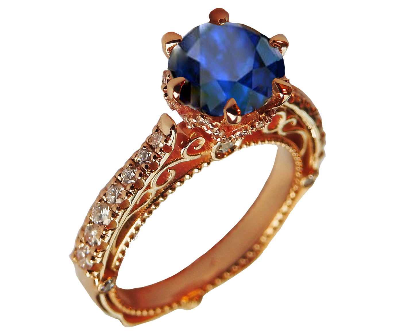 18K White Gold Sapphire Filigree Vintage style Engagement Ring