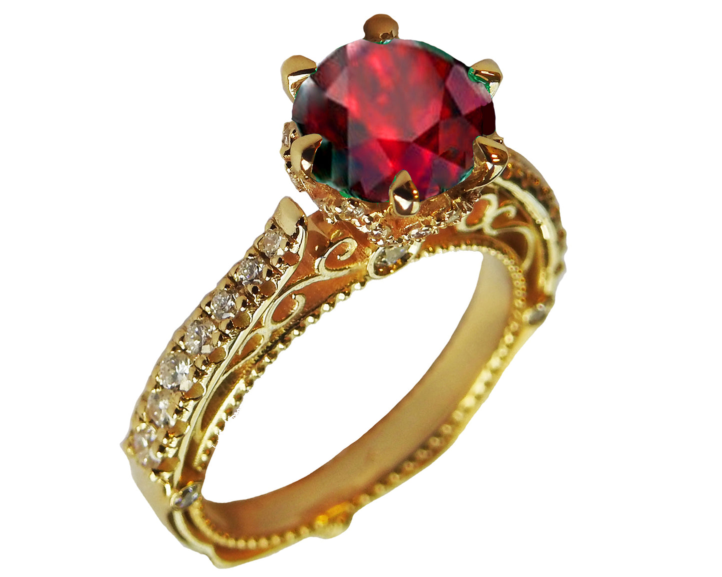 18K Rose Gold Ruby Filigree Vintage style Engagement Ring