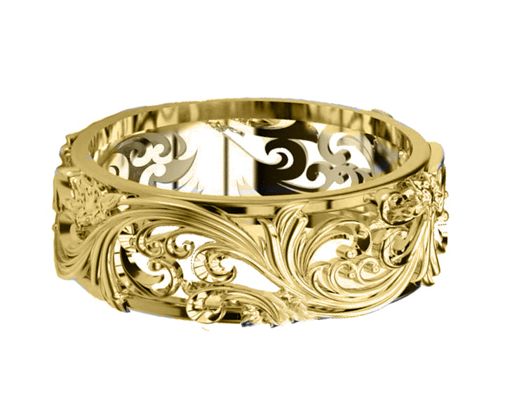 18K Rose Gold 2 Tone White Leaves Wedding Band