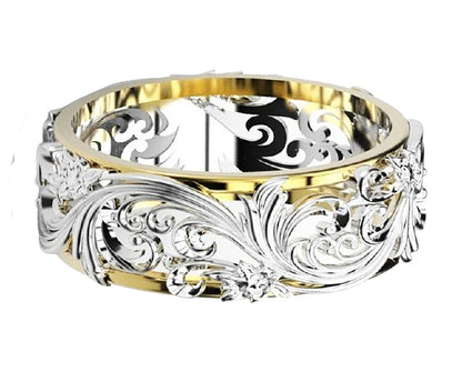 18K Rose Gold 2 Tone White Leaves Wedding Band