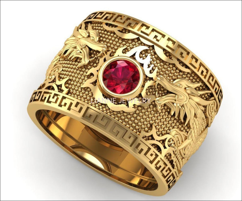 18K Men's Engraved Dragon Ring with Ruby, Heavy Ring, Solid Gold