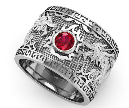 18K Men's Engraved Dragon Ring with Ruby, Heavy Ring, Solid Gold