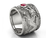 18K Men's Engraved Dragon Ring with Ruby, Heavy Ring, Solid Gold