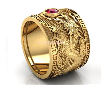 18K Men's Engraved Dragon Ring with Ruby, Heavy Ring, Solid Gold