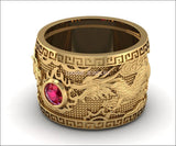 18K Men's Engraved Dragon Ring with Ruby, Heavy Ring, Solid Gold