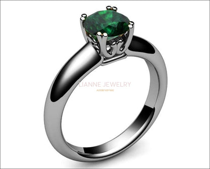 Emerald Ring, Solitaire Ring, Engagement Ring, 14K White gold, May Birthstone - Lianne Jewelry