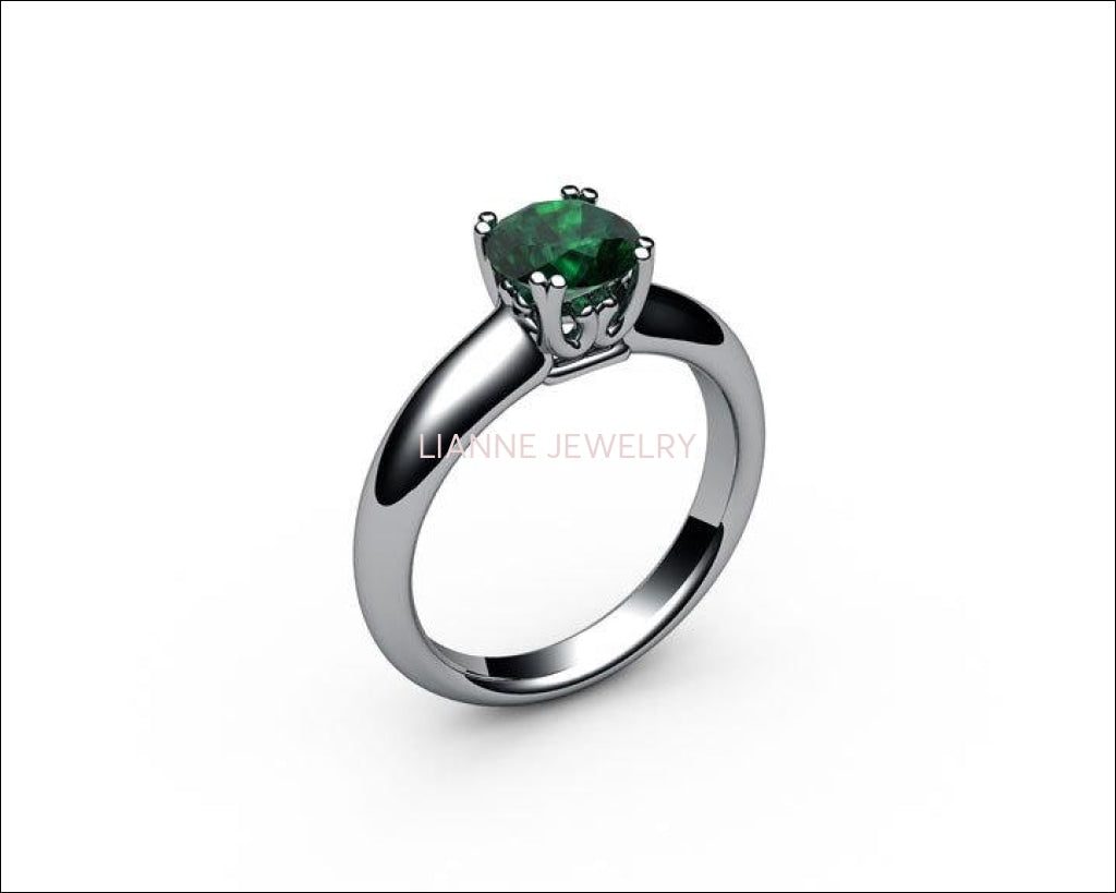 Emerald Ring, Solitaire Ring, Engagement Ring, 14K White gold, May Birthstone - Lianne Jewelry