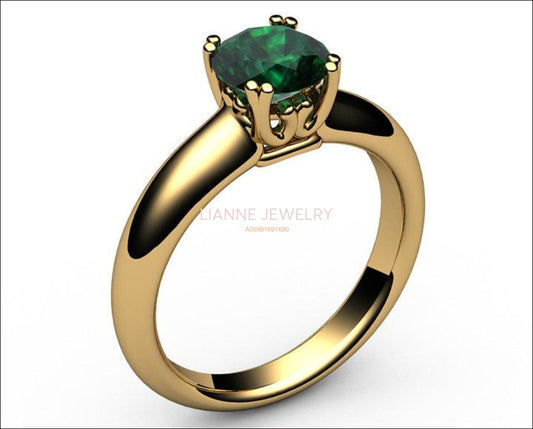 14K Emerald Engagement Ring, Solitaire Ring, Filigree Ring, Double prongs - Lianne Jewelry