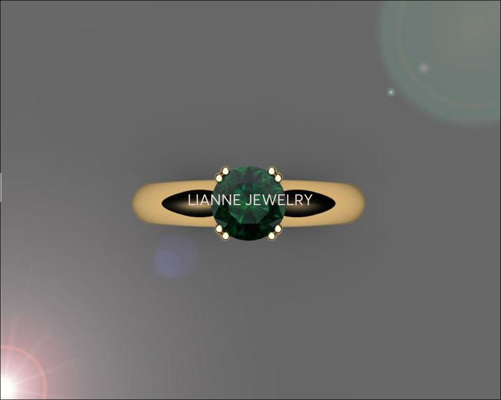 14K Emerald Engagement Ring, Solitaire Ring, Filigree Ring, Double prongs - Lianne Jewelry