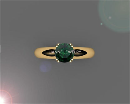 14K Emerald Engagement Ring, Solitaire Ring, Filigree Ring, Double prongs - Lianne Jewelry