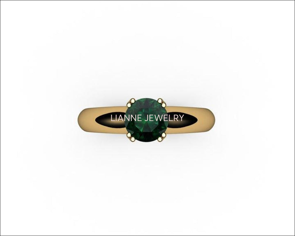 14K Emerald Engagement Ring, Solitaire Ring, Filigree Ring, Double prongs - Lianne Jewelry