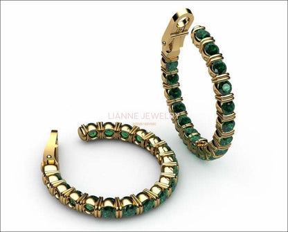 Gold Earrings Hoop Earrings Emerald 18K Yellow Gold or 18K White Gold 19.50 Grams  1.1/8" Inches  Anniversary - Lianne Jewelry