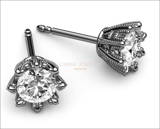 Gold Earrings Stud Earrings 18K White Gold with Moissanite 7 mm Round Brilliant cut - Lianne Jewelry